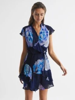 Reiss Black/Blue Macey Floral Print Wrap Dress