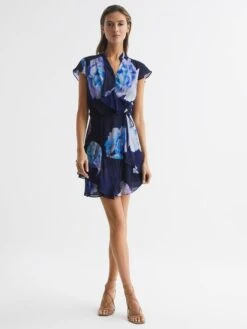 Reiss Black/Blue Macey Floral Print Wrap Dress 9 Reiss Black/Blue Macey Floral Print Wrap Dress -Style Trend Shop D87 088s3