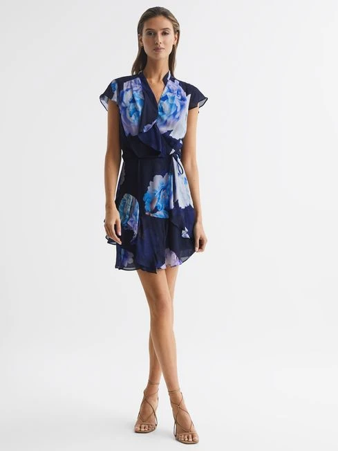 Reiss Black/Blue Macey Floral Print Wrap Dress 5 Reiss Black/Blue Macey Floral Print Wrap Dress - Image 3