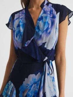 Reiss Black/Blue Macey Floral Print Wrap Dress 10 Reiss Black/Blue Macey Floral Print Wrap Dress -Style Trend Shop D87 088s4