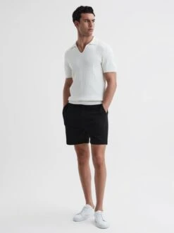 Reiss Black Newmark Textured Drawstring Shorts