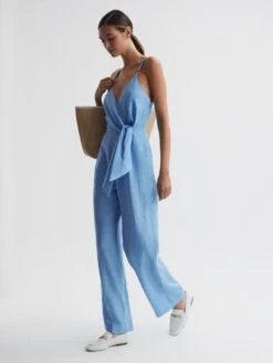 Reiss Blue Emily Linen Side Tie Jumpsuit