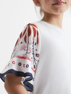Reiss White Anastasia Junior Flared Printed Sleeve T-Shirt -Style Trend Shop D97 806s4