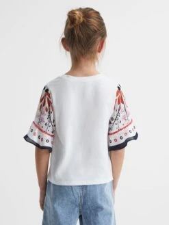 Reiss White Anastasia Junior Flared Printed Sleeve T-Shirt -Style Trend Shop D97 806s5