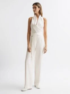 Reiss White Carmen Halter Neck Linen Blend Jumpsuit -Style Trend Shop D97 856s6