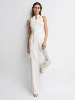 Reiss White Carmen Halter Neck Linen Blend Jumpsuit -Style Trend Shop D97 856s7