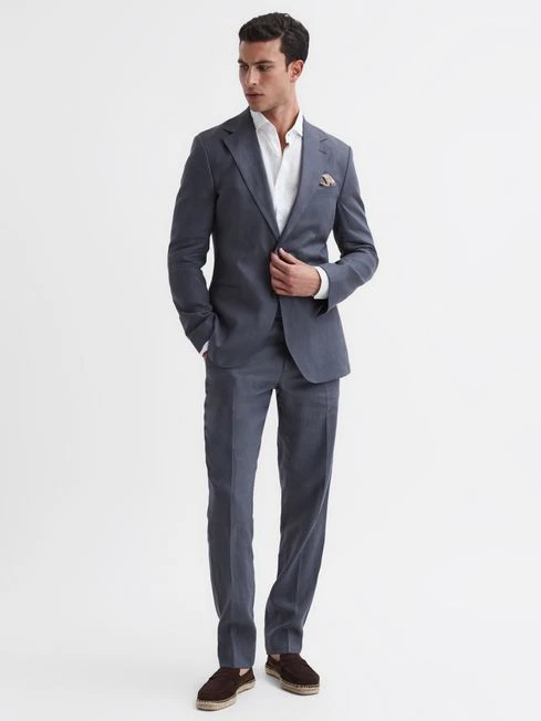 Reiss Airforce Blue Kin Slim Fit Linen Trousers 5 Reiss Airforce Blue Kin Slim Fit Linen Trousers - Image 3