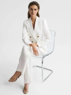 Reiss White Hollie Petite Double Breasted Linen Blazer