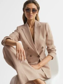 Reiss Neutral Hollie Double Breasted Linen Blazer