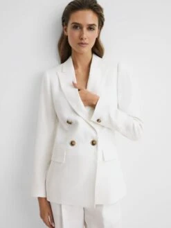 Reiss White Hollie Petite Double Breasted Linen Blazer -Style Trend Shop D97862s4
