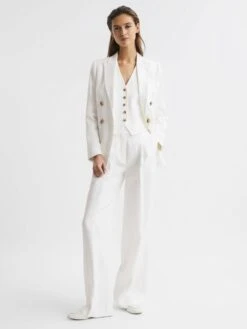 Reiss White Hollie Petite Double Breasted Linen Blazer -Style Trend Shop D97862s9