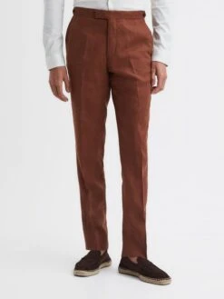 Reiss Tobacco Kin Slim Fit Linen Trousers -Style Trend Shop D97891s4