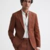Reiss Tobacco Kin Slim Fit Single Breasted Linen Blazer -Style Trend Shop D97894s