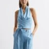 Reiss Blue Hollie Halter Neck Linen Blend Crop Top -Style Trend Shop D99 266s