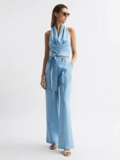 Reiss Blue Hollie Halter Neck Linen Blend Crop Top -Style Trend Shop D99 266s3