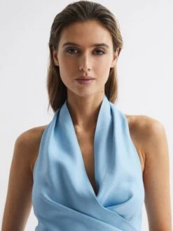 Reiss Blue Hollie Halter Neck Linen Blend Crop Top -Style Trend Shop D99 266s4