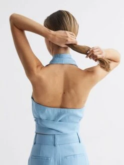 Reiss Blue Hollie Halter Neck Linen Blend Crop Top -Style Trend Shop D99 266s5