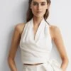 Reiss White Hollie Halter Neck Linen Blend Crop Top -Style Trend Shop D99 267s