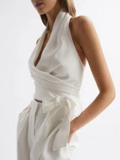 Reiss White Hollie Halter Neck Linen Blend Crop Top -Style Trend Shop D99 267s4