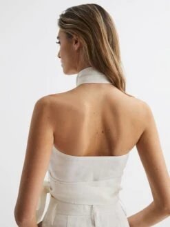 Reiss White Hollie Halter Neck Linen Blend Crop Top -Style Trend Shop D99 267s5