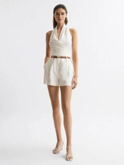 Reiss White Hollie Halter Neck Linen Blend Crop Top -Style Trend Shop D99 267s6