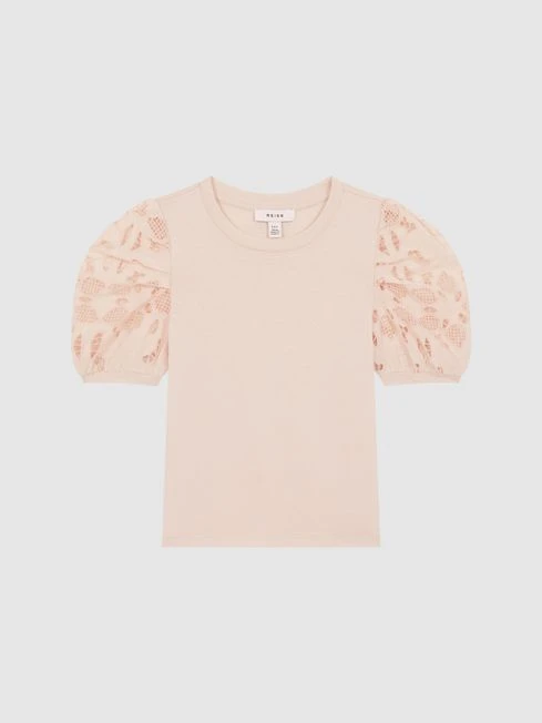 Reiss Pink Alberta Senior Floral Lace Puff Sleeve T-Shirt 4 Reiss Pink Alberta Senior Floral Lace Puff Sleeve T-Shirt - Image 2
