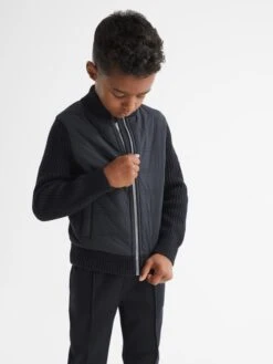 Reiss Navy Trainer Junior Hybrid Zip Through Quilted Jumper -Style Trend Shop M83220s4