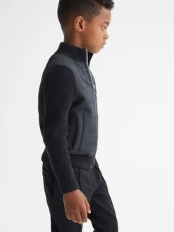 Reiss Navy Trainer Junior Hybrid Zip Through Quilted Jumper -Style Trend Shop M83220s6