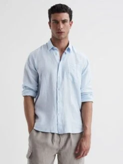 Reiss Pale Blue Caroubis Vilebrequin Linen Shirt -Style Trend Shop N40017s3