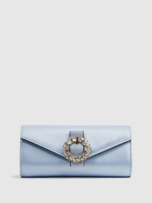 Reiss Powder Blue Delphine Diamanté Buckle Satin Clutch 3 Reiss Powder Blue Delphine Diamanté Buckle Satin Clutch