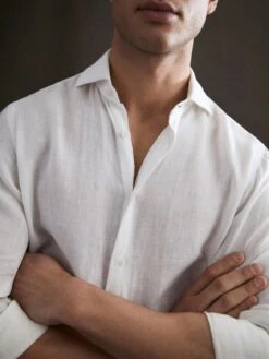 Reiss White Ruban Linen Long Sleeve Shirt -Style Trend Shop T44 653s4