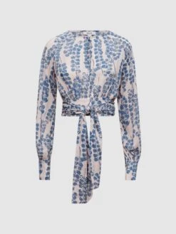 Reiss Pink/Blue Sadie Cropped Printed Belted Blouse -Style Trend Shop T50 733s2