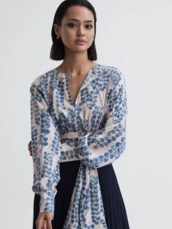Reiss Pink/Blue Sadie Cropped Printed Belted Blouse -Style Trend Shop T50 733s3