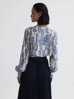 Reiss Pink/Blue Sadie Cropped Printed Belted Blouse -Style Trend Shop T50 733s4