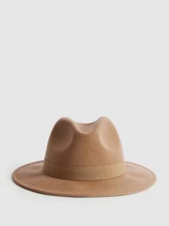 Reiss Camel Ashbourne Wool Fedora Hat -Style Trend Shop T57 901s3
