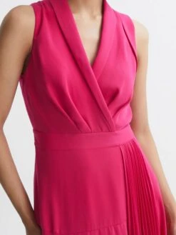 Reiss Pink Claire Pleated Fitted Midi Dress -Style Trend Shop T60 403s3