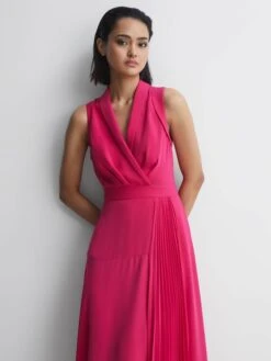 Reiss Pink Claire Pleated Fitted Midi Dress -Style Trend Shop T60 403s4