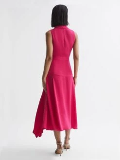 Reiss Pink Claire Pleated Fitted Midi Dress -Style Trend Shop T60 403s5