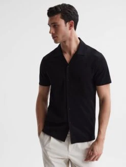 Reiss Black Caspa Mercerised Jersey Cuban Collar Shirt