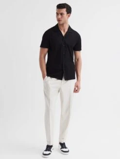 Reiss Black Caspa Mercerised Jersey Cuban Collar Shirt -Style Trend Shop T74 483s3