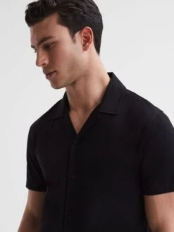 Reiss Black Caspa Mercerised Jersey Cuban Collar Shirt -Style Trend Shop T74 483s4