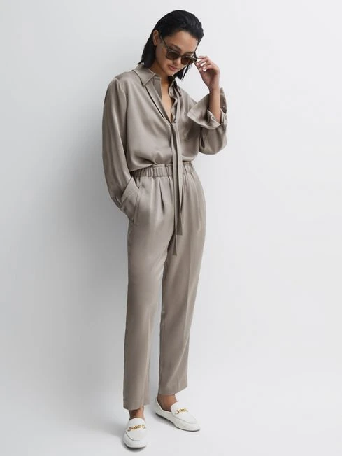 Reiss Mink Elaina Satin Elasticated Tapered Trousers 3 Reiss Mink Elaina Satin Elasticated Tapered Trousers