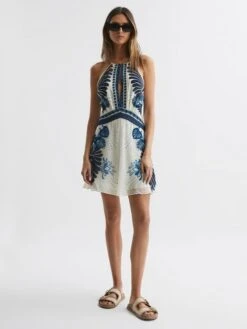 Reiss Blue Brianna Printed Halter Neck Mini Dress -Style Trend Shop U12 783s3