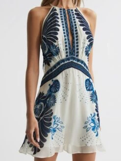 Reiss Blue Brianna Printed Halter Neck Mini Dress -Style Trend Shop U12 783s4