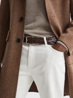 Reiss Chocolate Carlton Woven Leather Belt -Style Trend Shop U79571s3